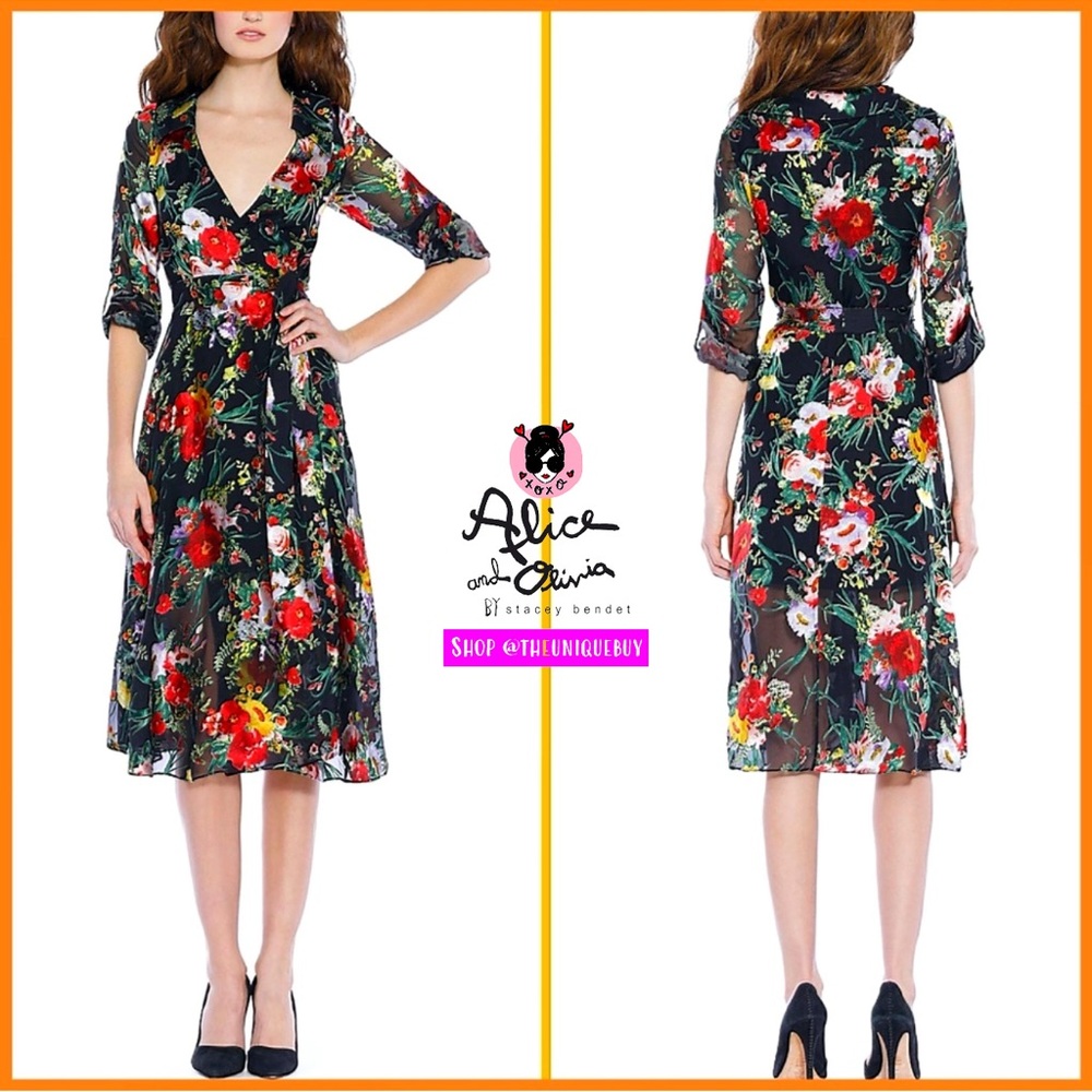 Alice + Olivia Abney Floral Black Red Collared Midi Dress - Picture 5 of 16